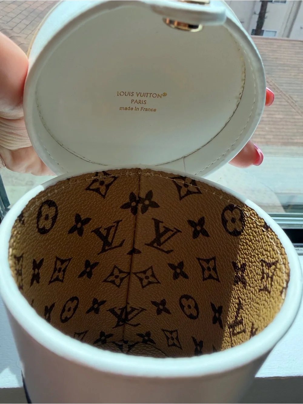 Louis Vuitton White and Brown Logo Leather Cup Bag Charm